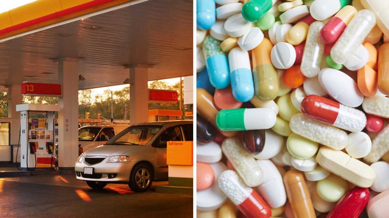 A gas station. Right: Pills, capsules and tablets.