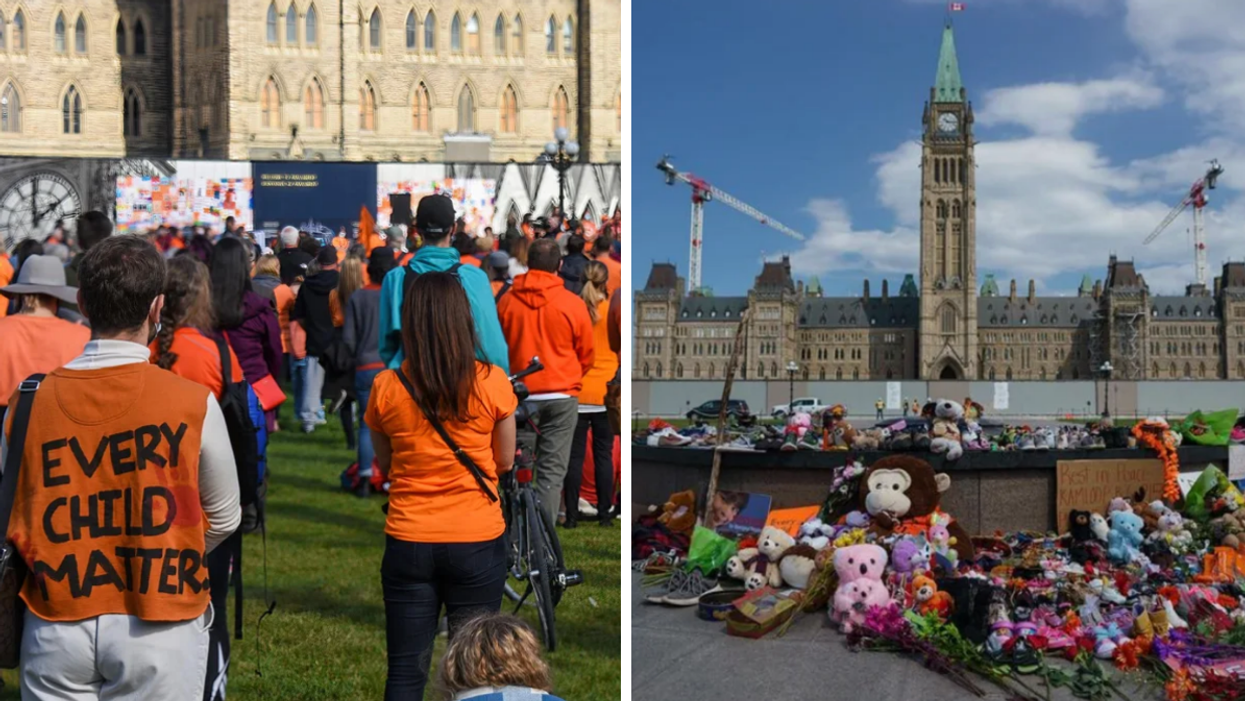 A gathering for the National Day for Truth and Reconciliation. Right: A makeshift memorial near Parliament Hill.