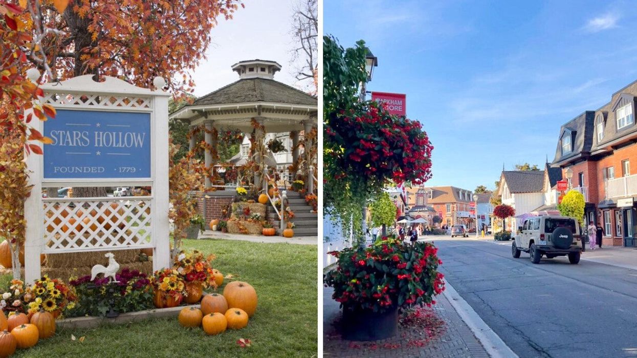 A gazebo and town sign decorated for fall. Right: The main street of a town.