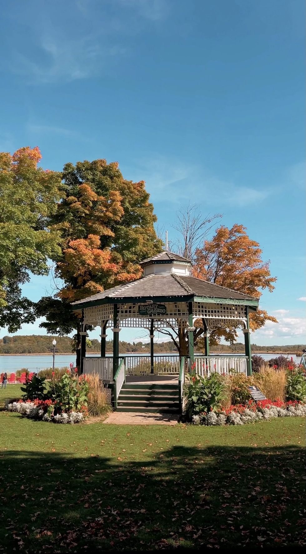 A gazebo by the water.