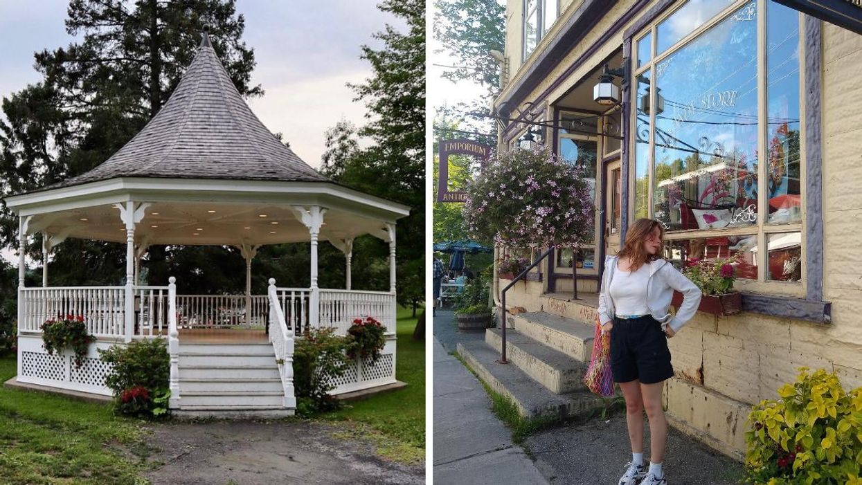 A gazebo in North Hatley, Quebec. Right: A person stands in front of a store in North Hatley.