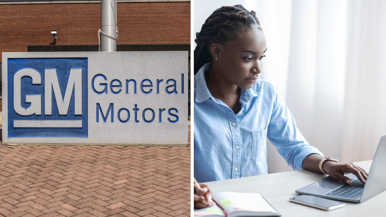 A General Motors sign. Right: A remote employee using a laptop.
