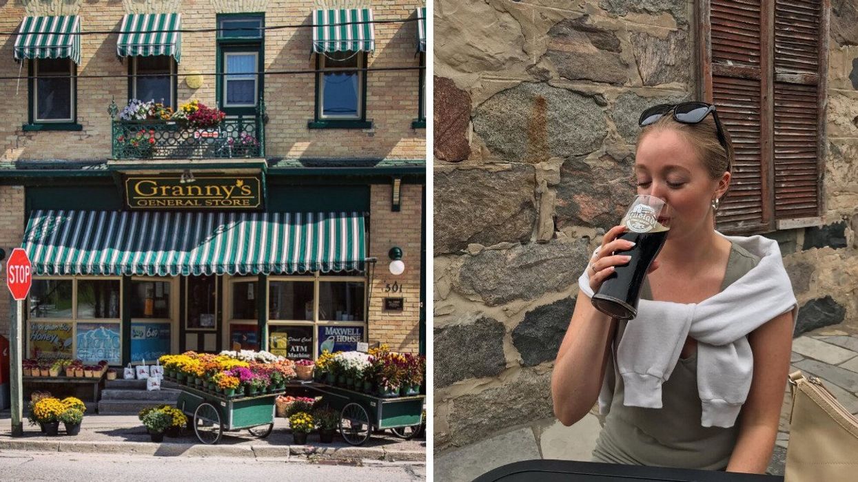 A general store with flower carts. Right: A person drinking a beer.