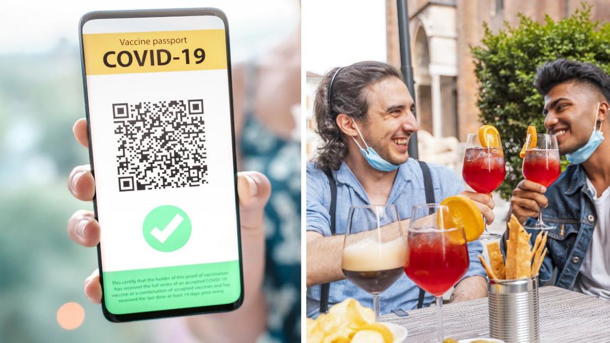 A generic vaccine passport. Right: people drinking on a patio wearing masks.