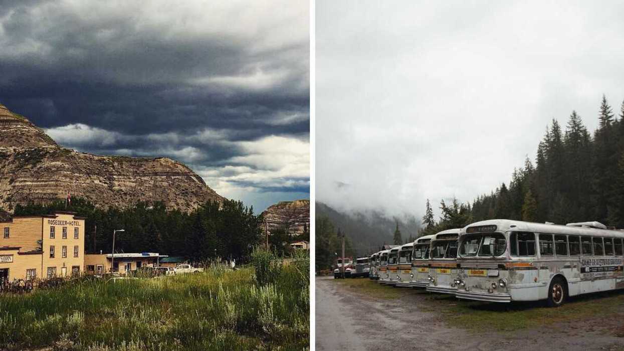 A ghost town in Alberta. Right: Abandoned buses in a ghost town in B.C.