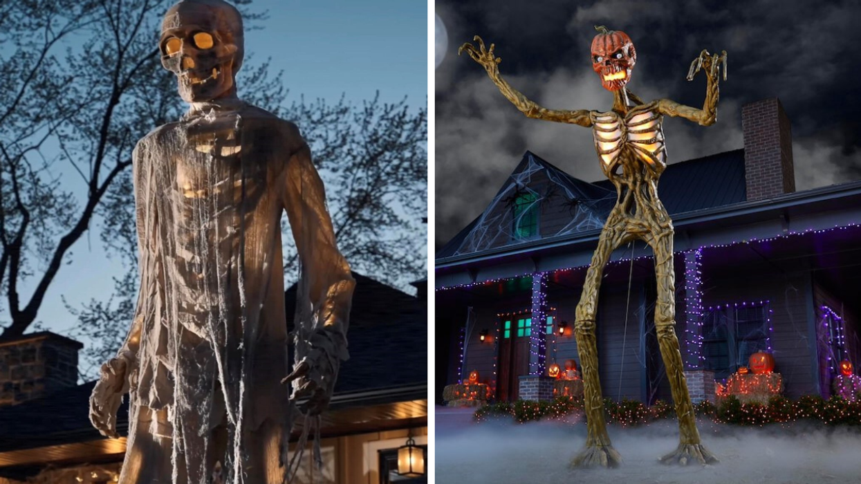 A giant mummy. Right: A 12-foot Halloween "pumpkin king."