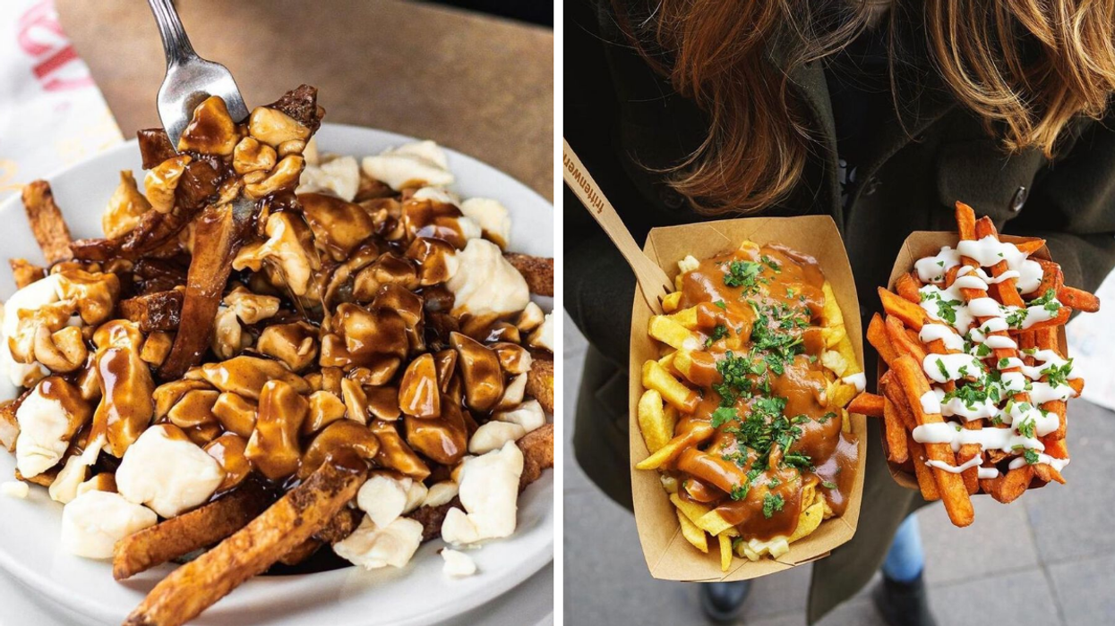 A giant plate of poutine. Right: Two different poutine creations.