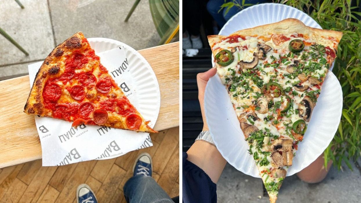 A giant slice of pepperoni pizza on a paper plate. Right: A hand holds a giant slice of vegetarian pizza in the air.