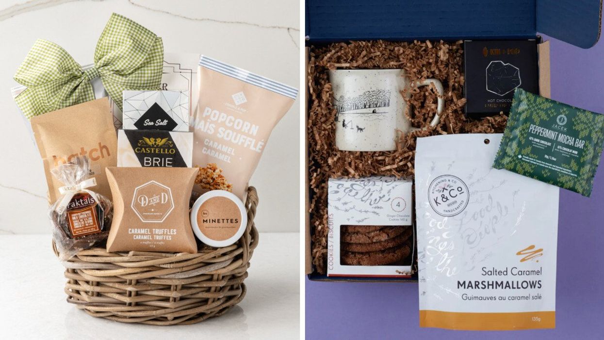 A gift basket filled with cheese, popcorn, and chocolate. Right: A gift boxed filled with a mug, hot chocolate, and cookies.