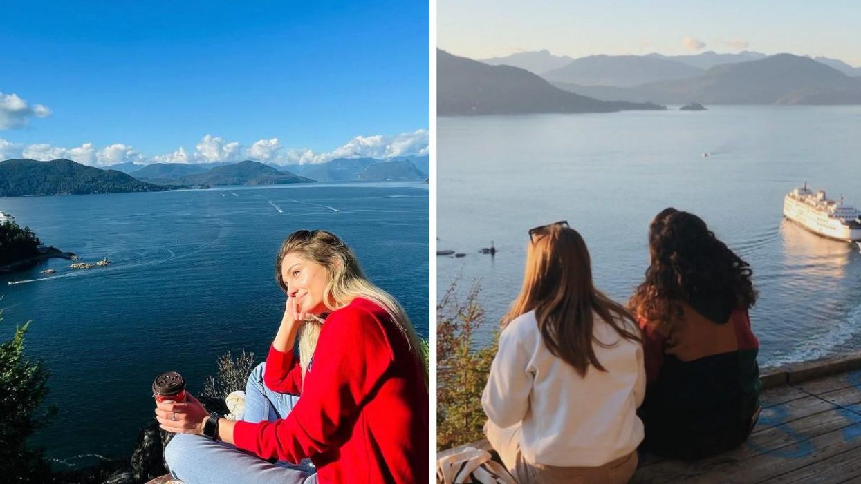 A girl at the lookout. Right: Two girls at the lookout.