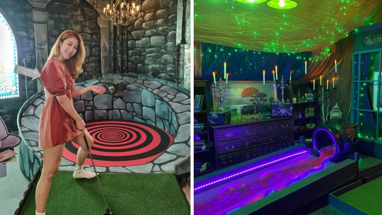 A girl at the Potion Putt course. Right: Potion Putt golf course.