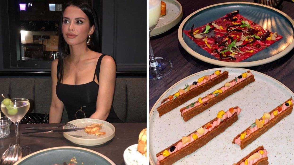 A girl at the restaurant. Right: A dish at the restaurant.