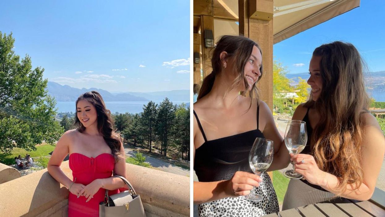 A girl at the winery. Right: Two friends smiling holding wine glasses.