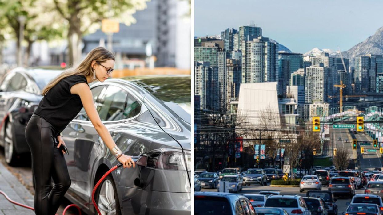 A girl charging a Tesla. Right: Vehicles driving in Vancouver.