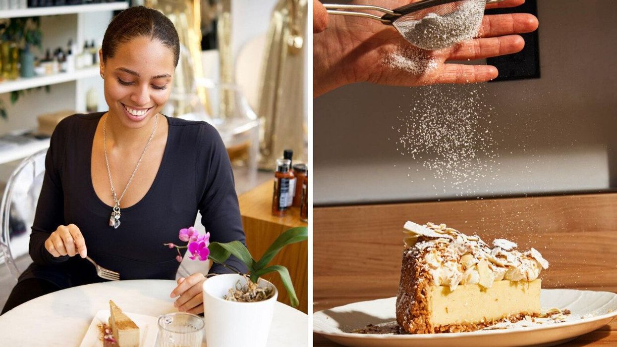 A girl cutting into her cheesecake at a restaurant. Right: A coconut cream pie with sugar being sprinkled in it.