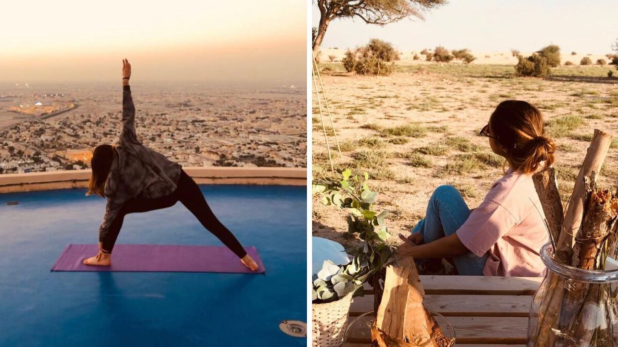 A girl doing yoga on a helicopter pad on a skyscraper over looking Doha. Right: A girl in the desert in Qatar.