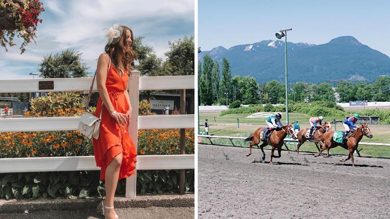 A girl dressed up for the event. Right: Horses racing.