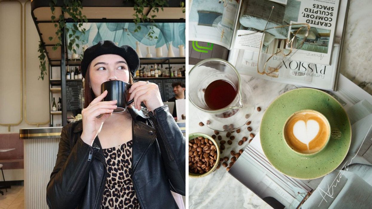 A girl drinking a cup of coffee. Right: A table with magazines and a cup of coffee in a green mug.