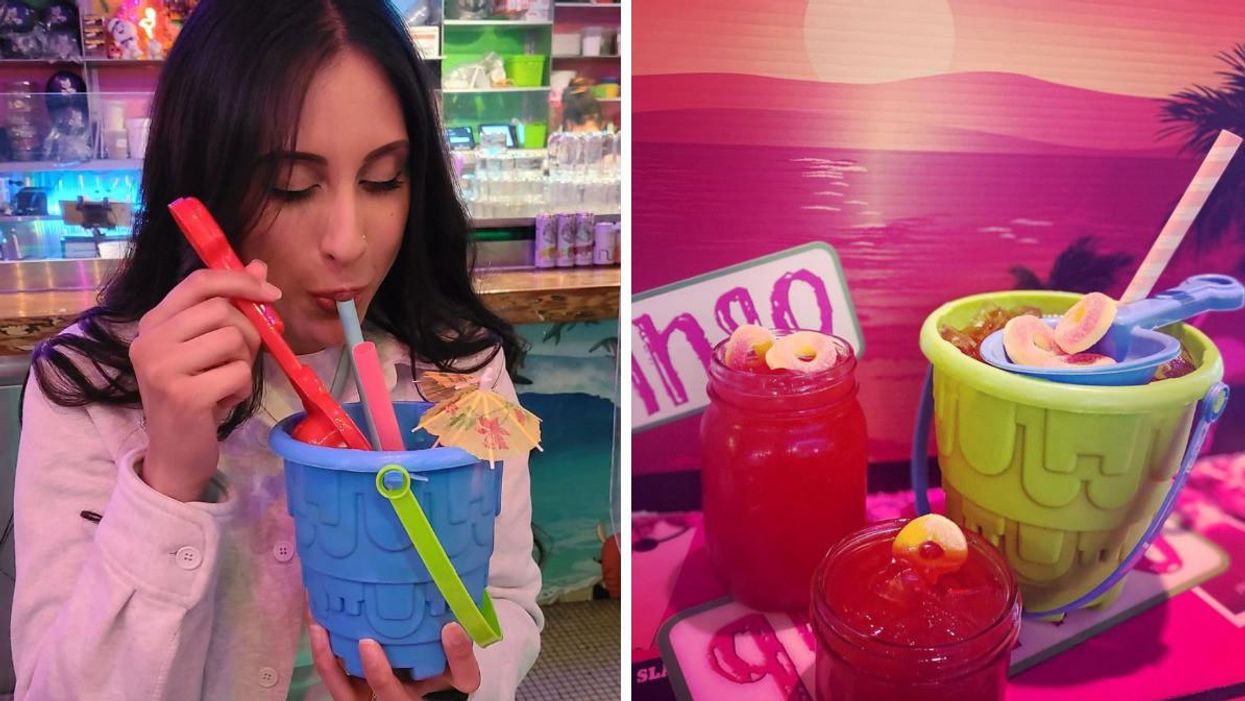 A girl drinking out of the sand bucket drink. Right: Two red drinks and a sand bucket drink.