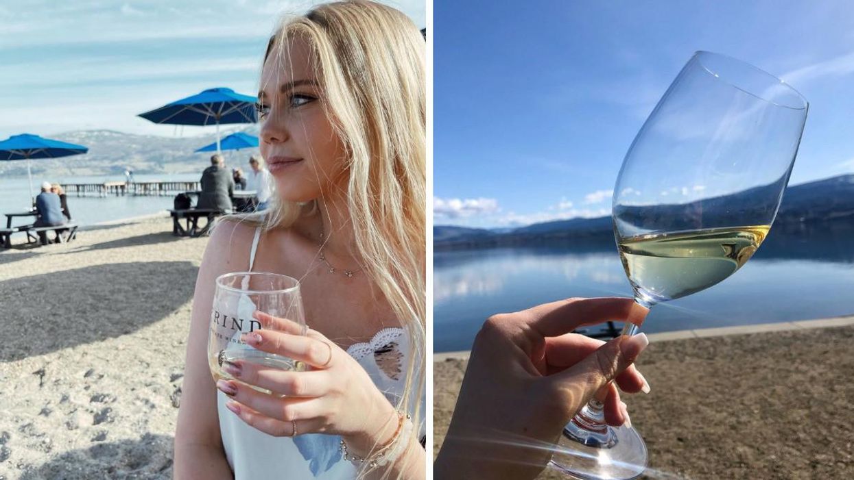 A girl drinking wine on the beach. Right: A hand holding a wine glass.