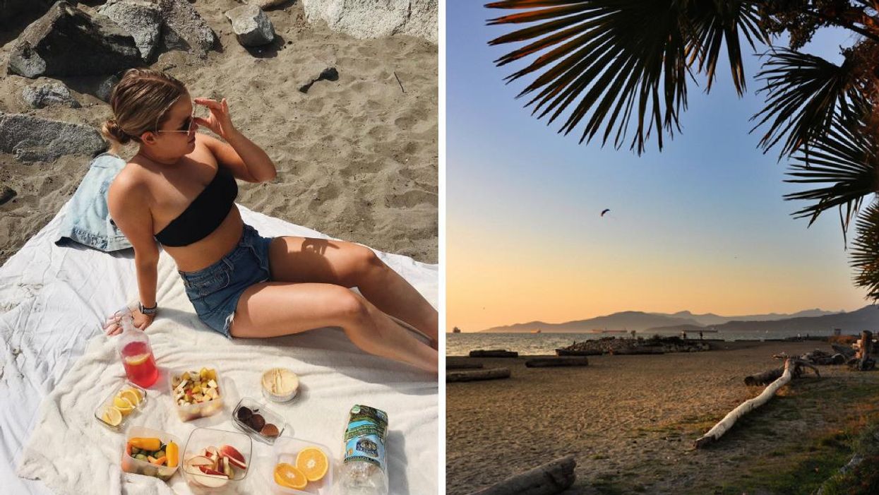 A girl having a picnic at a beach. Right: A Vancouver beach at sunset.