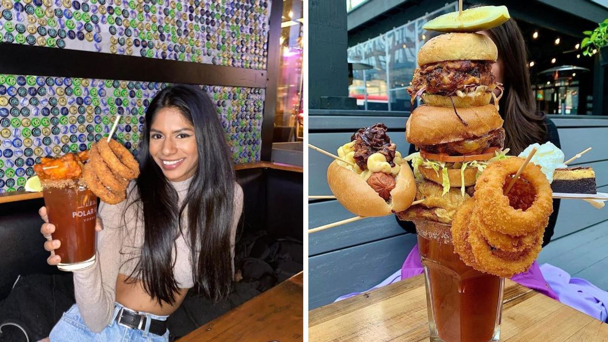 A girl holding a caesar. Right: a massive caesar with burgers and onion rings on top.