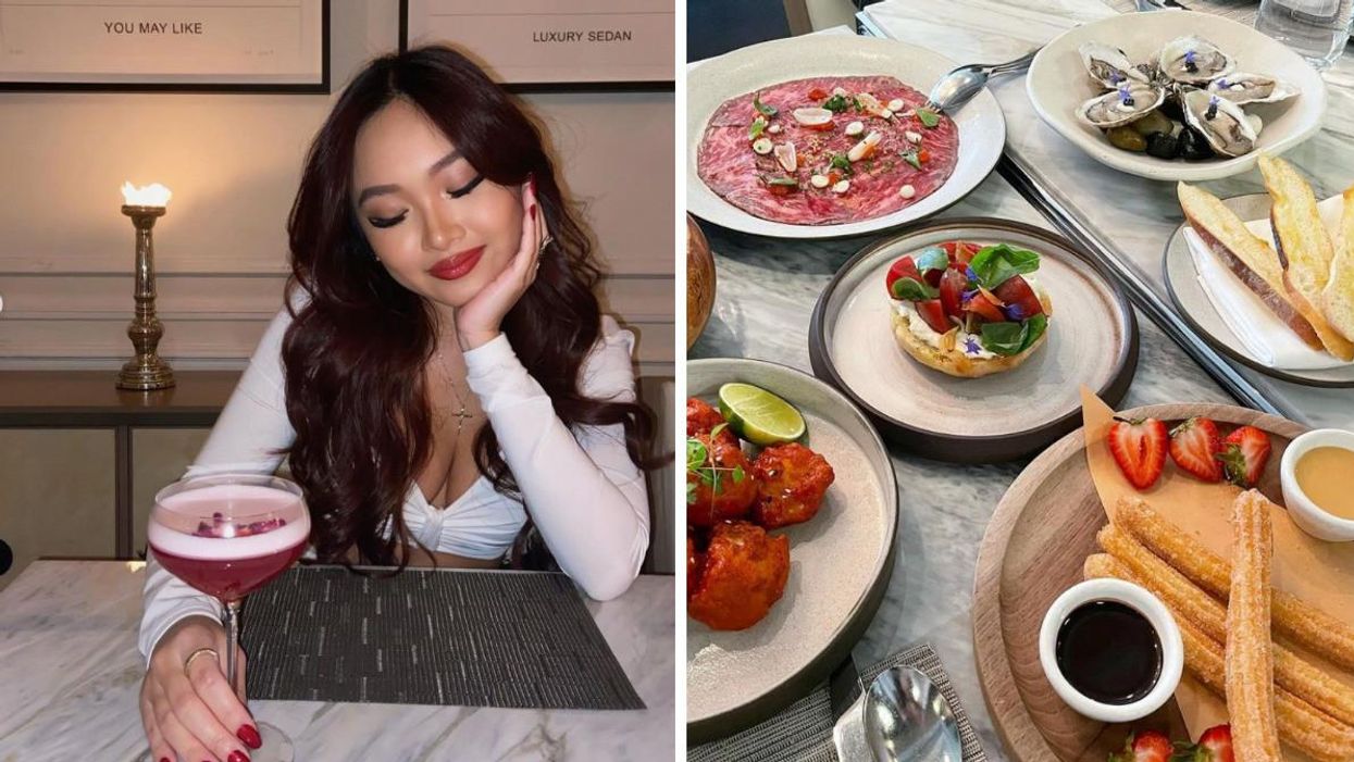 A girl holding a drink at the restaurant. Right: Hawksworth Restaurant dishes.