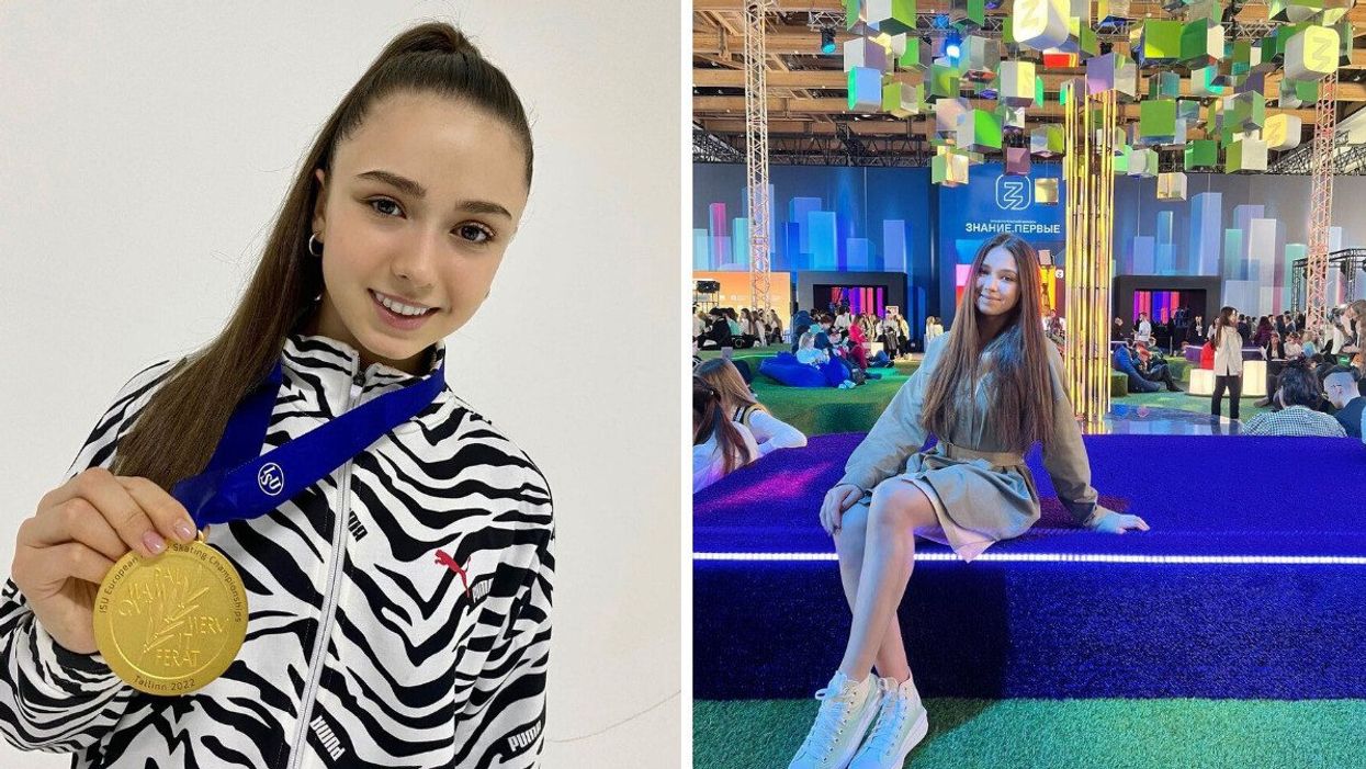 A girl holding a gold medal. Right: A girl sitting on a blue stage.