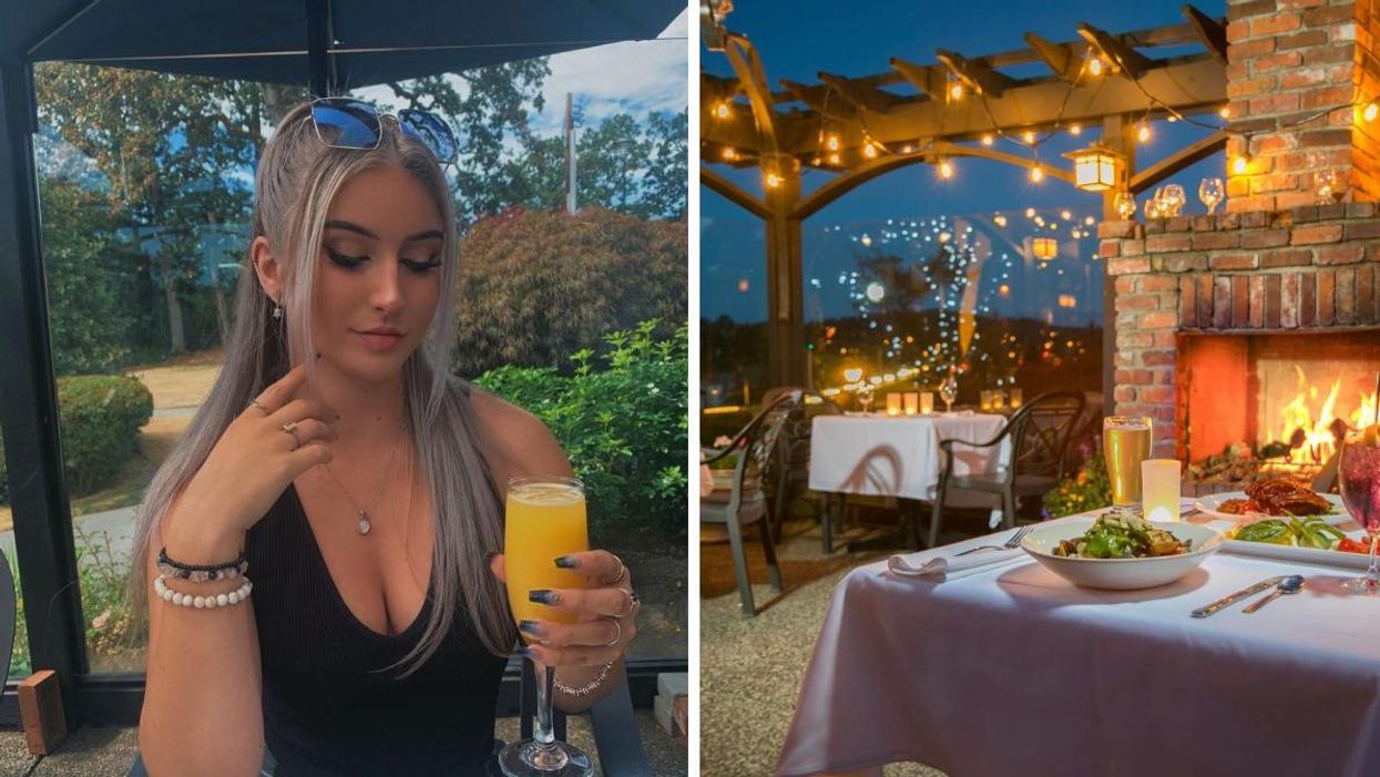 A girl holding a mimosa. Right: Fireside Grill patio.