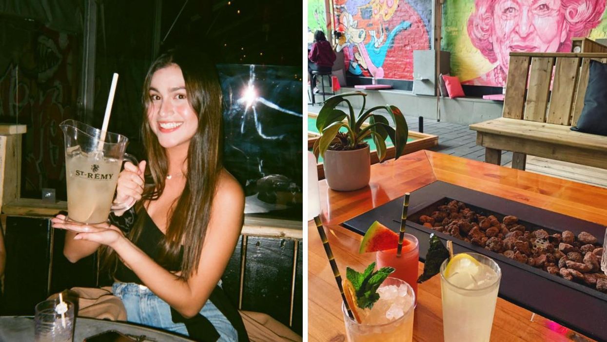 A girl holding a pitcher. Right: The Keefer Bar and drinks.