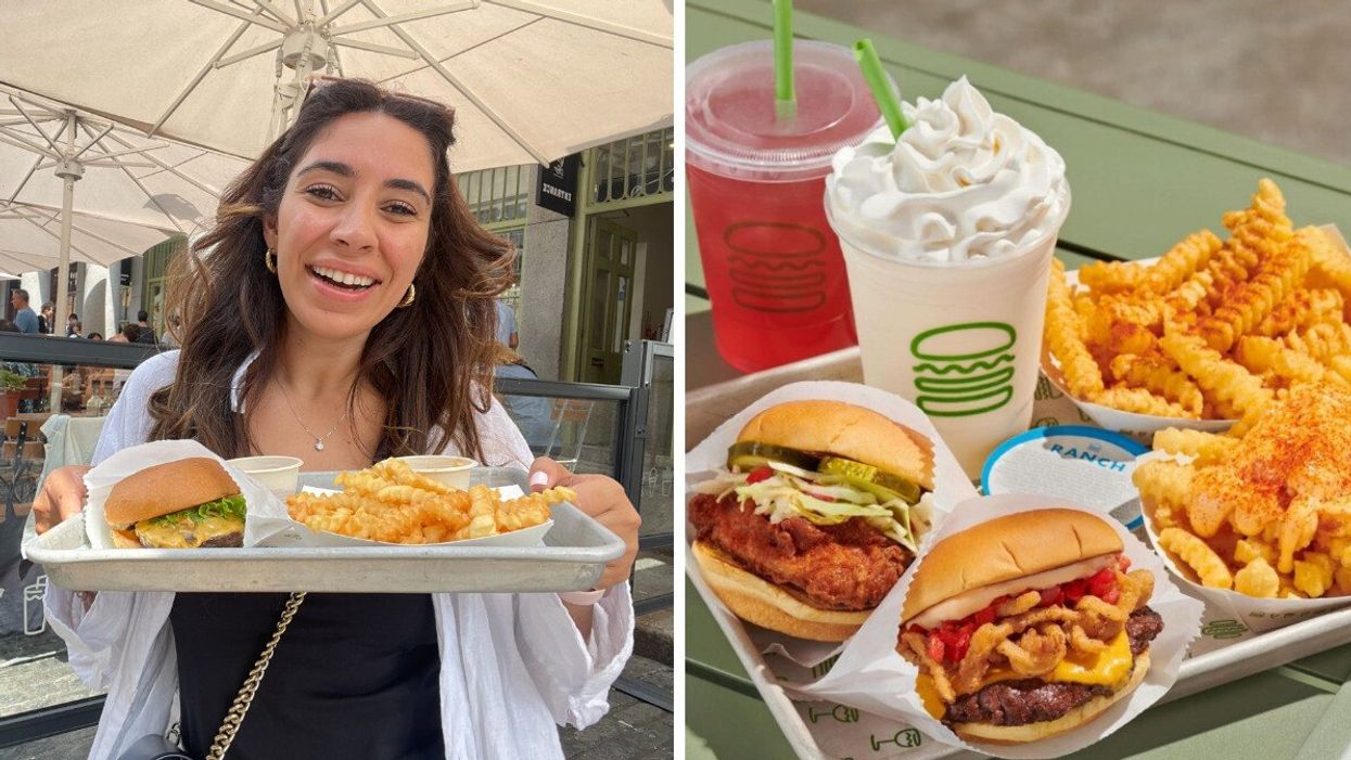 A girl holding a ShackBurger and crinkle fries from Shake Shack. Right: A tray with burgers, fried, and drinks from Shake Shack.