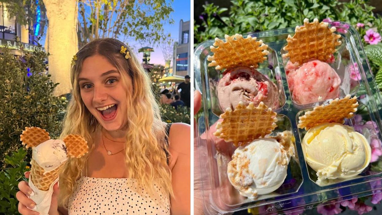 A girl holding an ice cream with waffle cone mouse ears. Right: The picnic flavors from Salt & Straw.