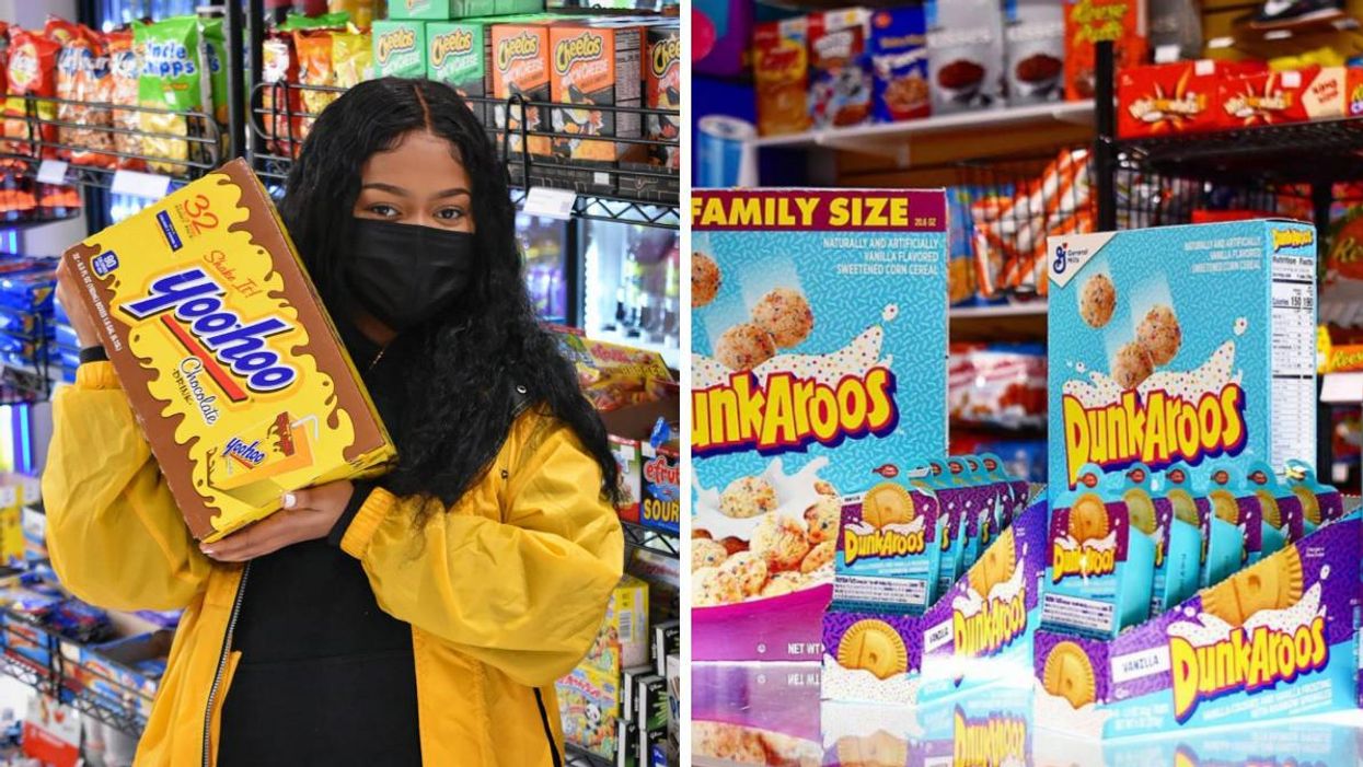 A girl holding chocolate milk drinks. Right: DunkAroos.