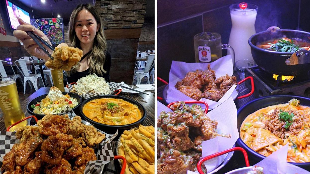 A girl holding fried chicken with chopsticks. Right: Mumu Kitchen restaurant dishes.