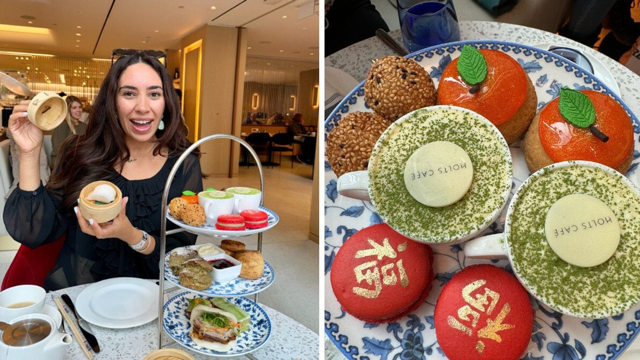 A girl in a black shirt holding a dumpling while at an afternoon tea in Toronto. Right: Four different Lunar New Year-inspired desserts on a plate.