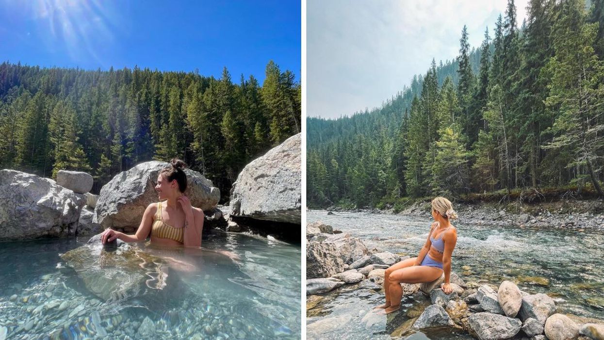 A girl in a hot spring. Right: A girl in a hot spring beside a river.