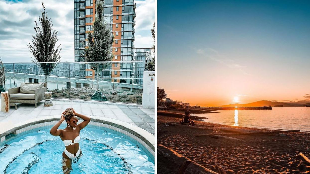 A girl in a pool. Right: Jericho beach in Vancouver.