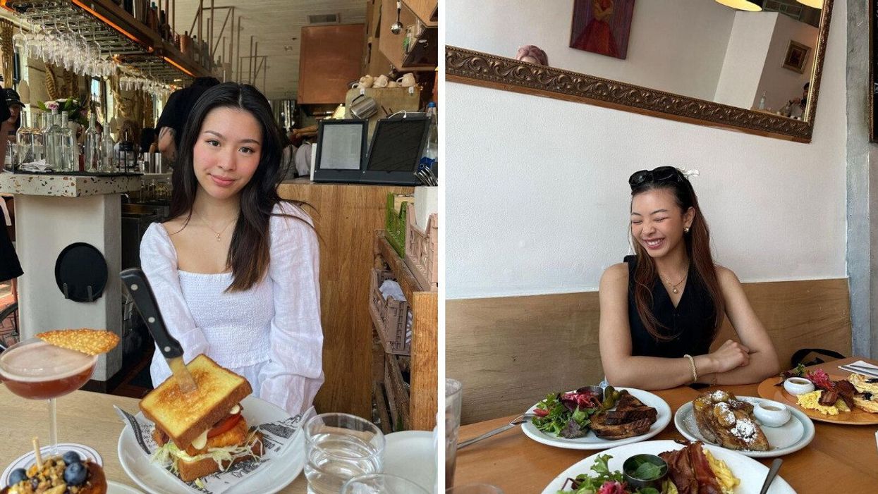 A girl in a white shirt smiling with a drink and large sandwich with a knife through it on a table. Right: A girl squinting her eyes because she's happy with four brunch plates in front of her.