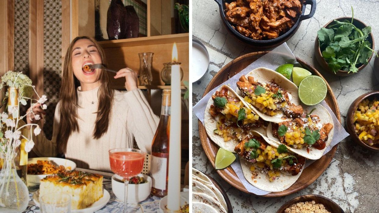 A girl in a white sweater eating pasta with a cocktail, a candle and bread on the table. Right: A plate with four tacos and limes.