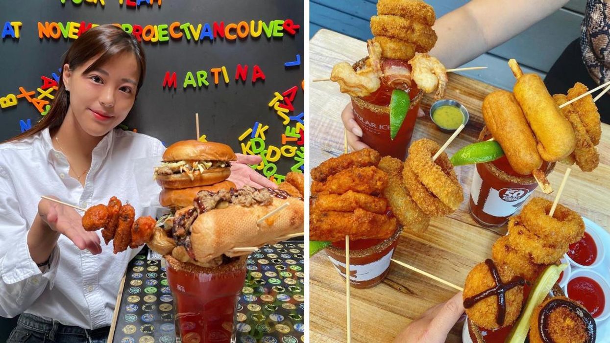 A girl in front of a giant caesar. Right: Caesars with a bunch of toppings.