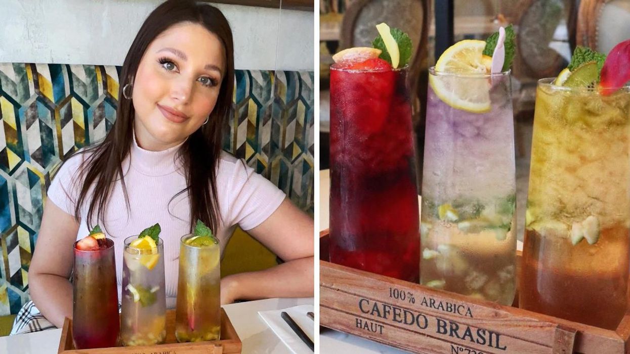 A girl in front of a Sangria flight. Right: A Sangria flight.