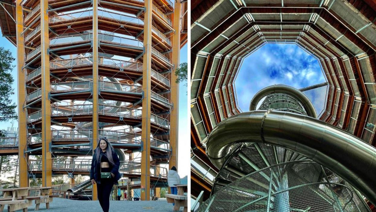 A girl in front of the Malahat Skywalk. Right: Slide inside of the Malahat Skywalk.