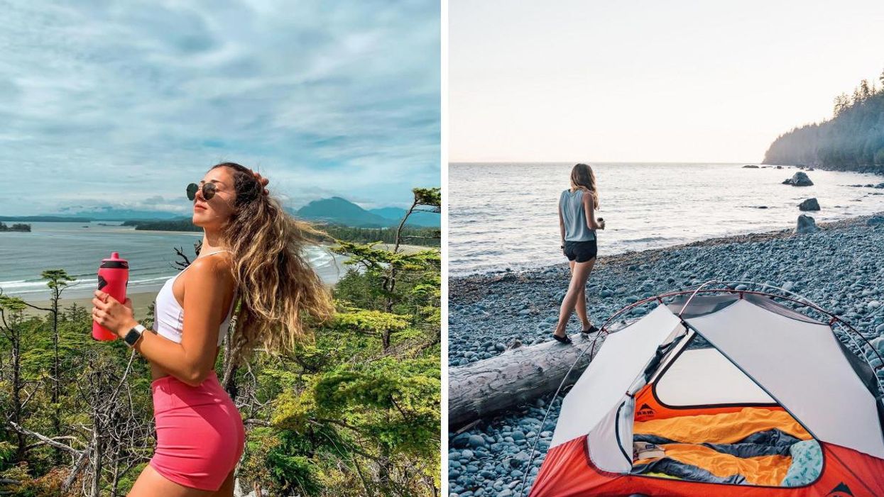 A girl in front of the ocean. Right: A girl walking on the beach beside a tent.