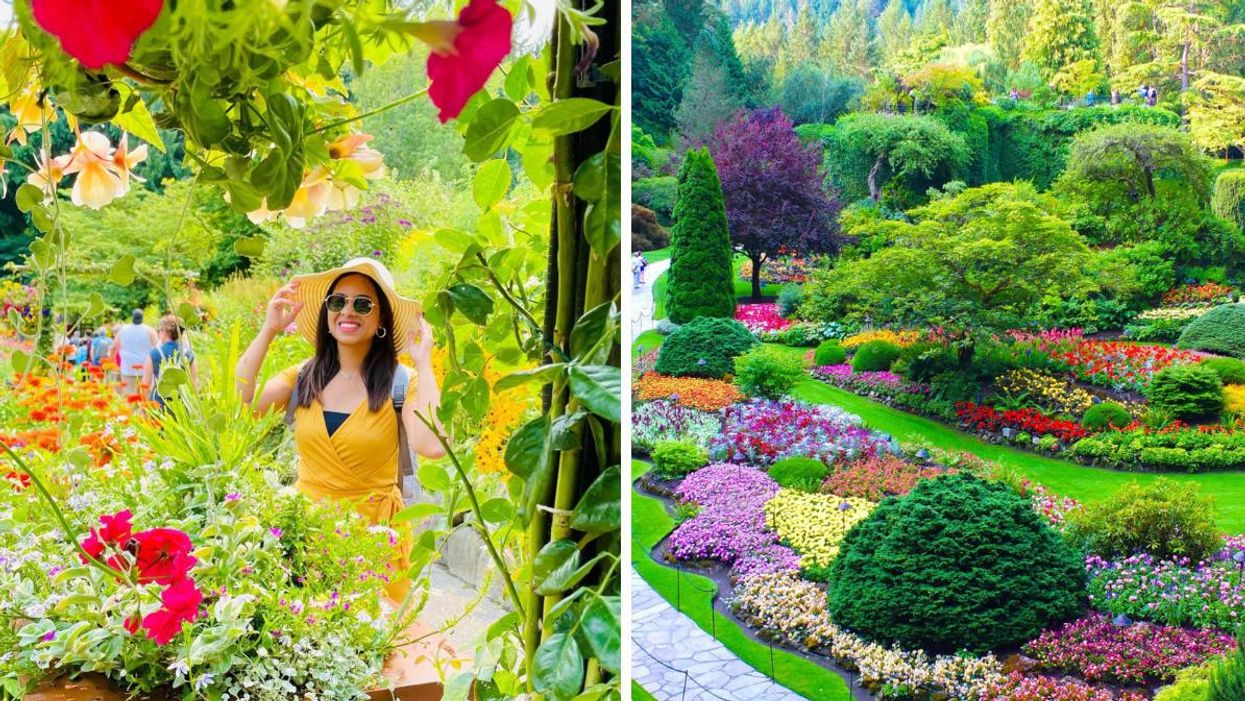 A girl in the garden. Right: The Butchart Gardens.