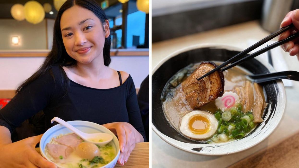 A girl is pictured in front of a ramen dish. Right: Ramen dish with hand using chopsticks.