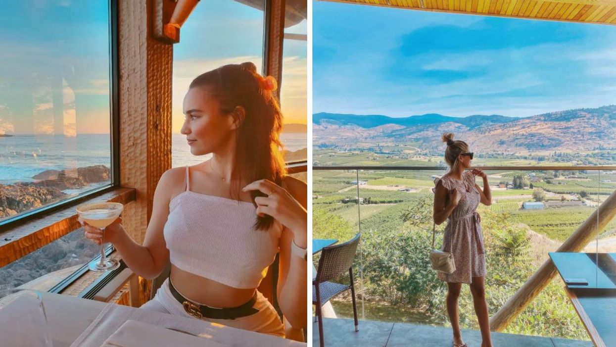 A girl looking at the ocean views. Right: A girl looking at the vineyard views.