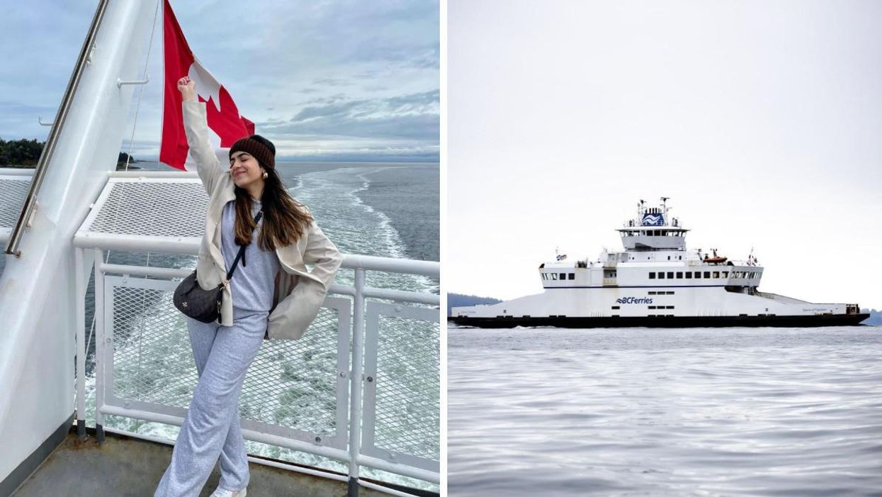 A girl on a BC Ferries. Right: A BC Ferries in the ocean.