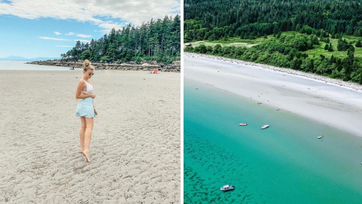A girl on a beach, Right: White sandy beach and blue water in BC.