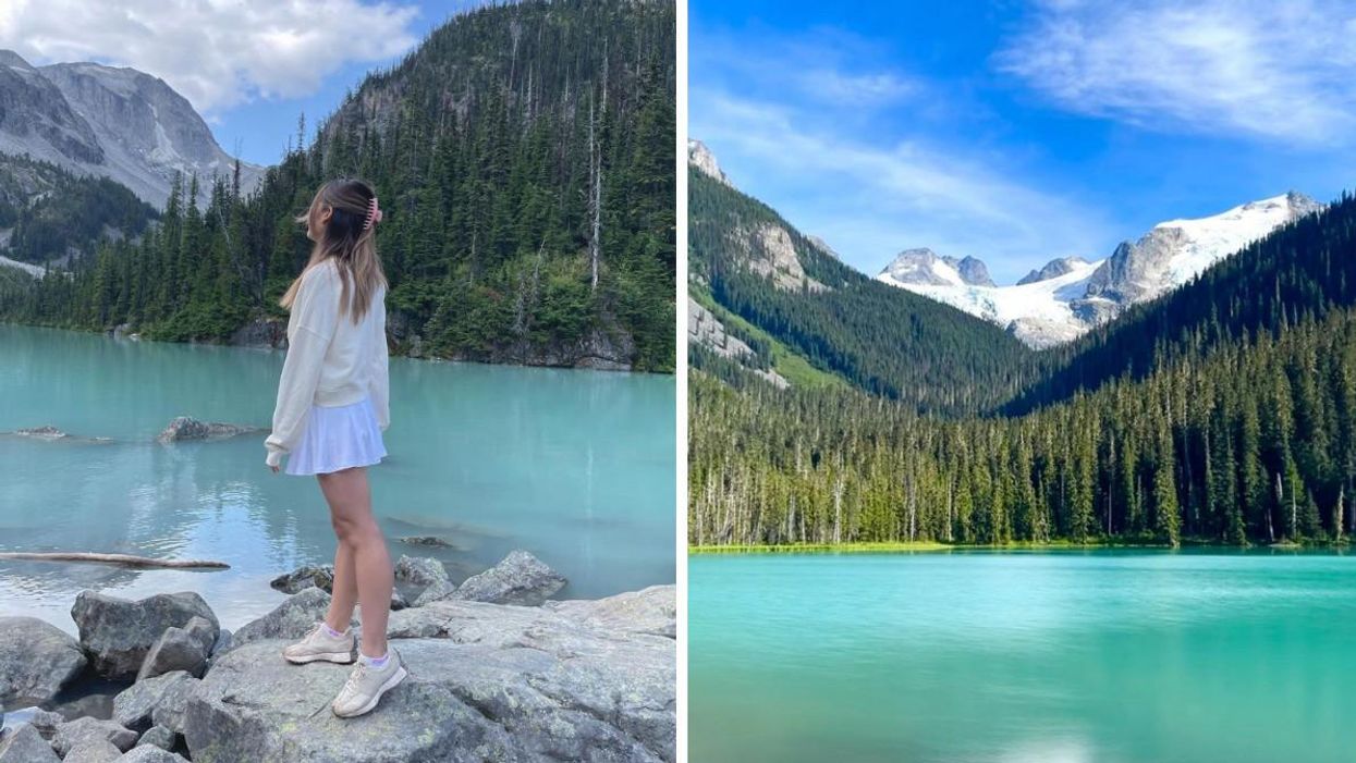 A girl on a rock at Joffre Lake. Right: Joffre Lake glacier views.