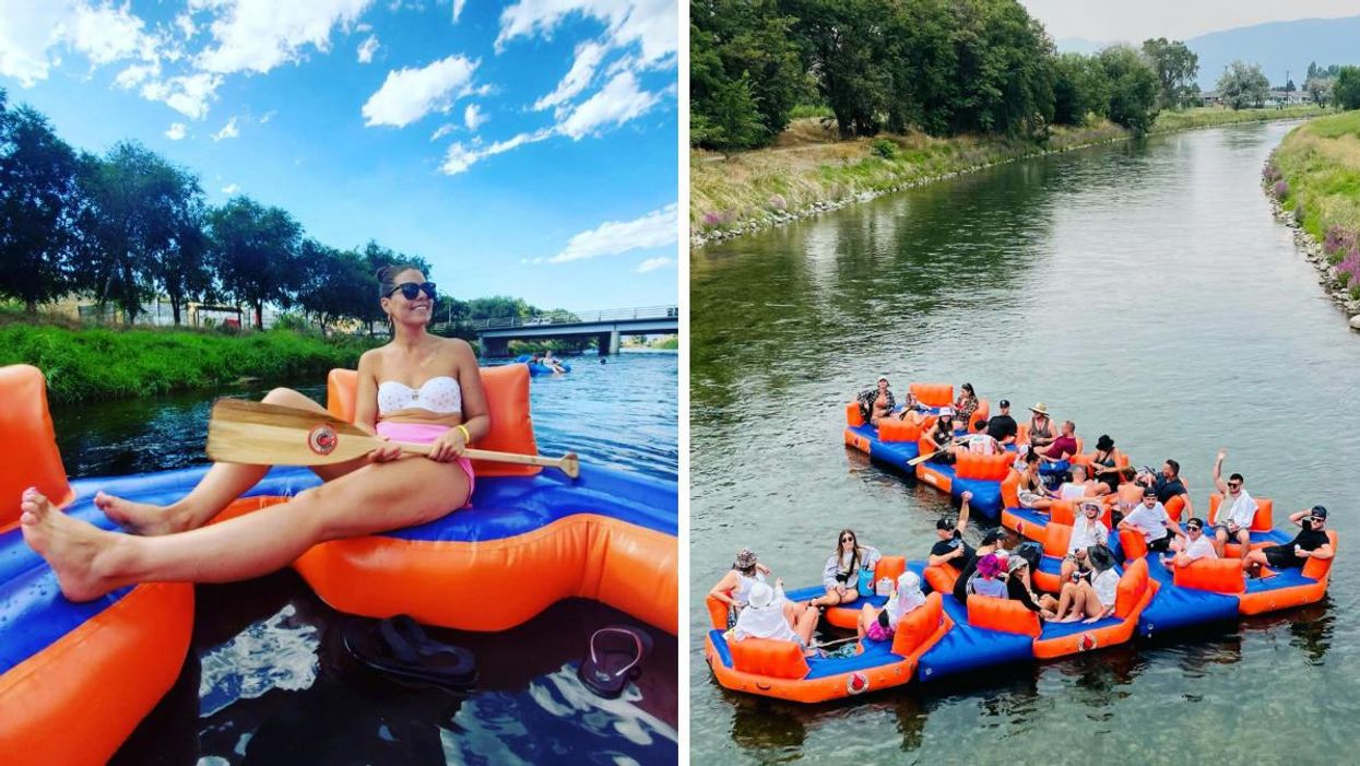 A girl on a tube. Right: A bunch of people on a Party Island tube.